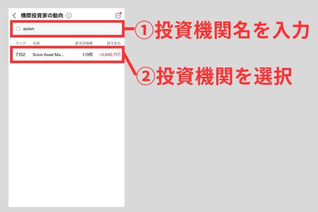 検索窓から投資機関名を入力して選択。