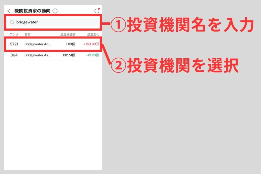 投資機関名「bridgewater associates」を入力