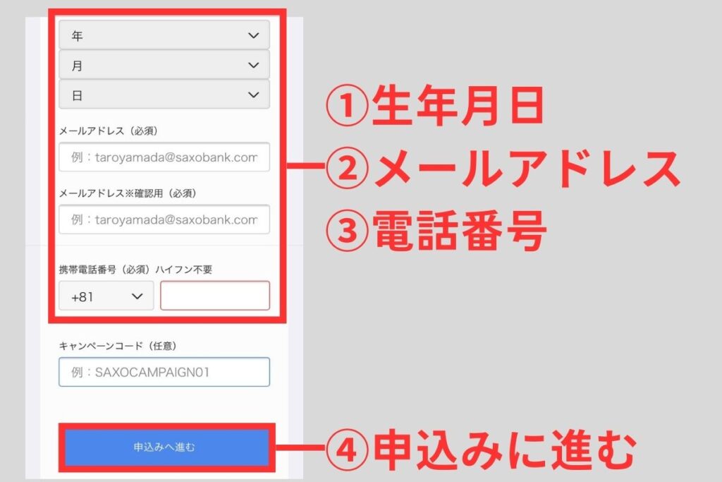 生年月日、メールアドレス、電話番号を入力