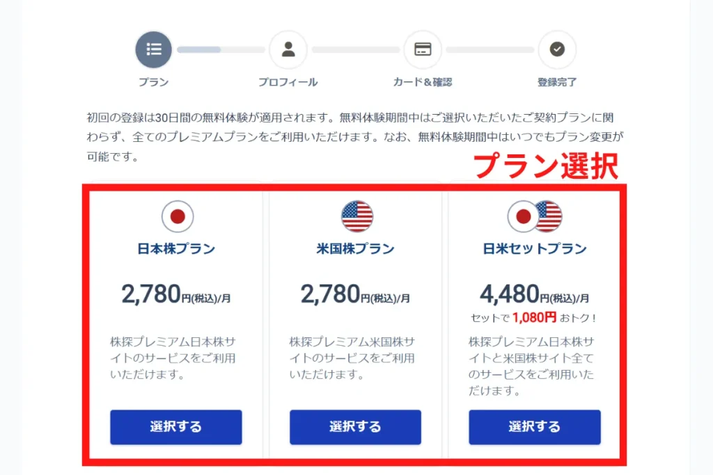 株探プレミアムのプラン選択の画面